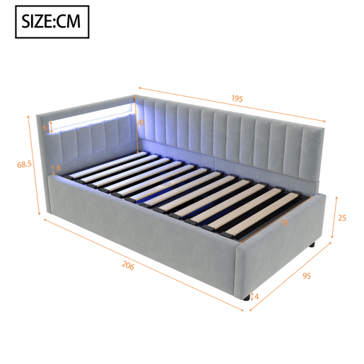 Sofá-cama 90x200 - Com LED e armazenamento hidráulico, design com riscas verticais, cabeceiras laterais ajustáveis, estrado, veludo - Cinza claro Sofá-cama 90x200 - Com LED e armazenamento hidráulico, design com riscas verticais, cabeceiras laterais ajustáveis, estrado, veludo - Cinza claro