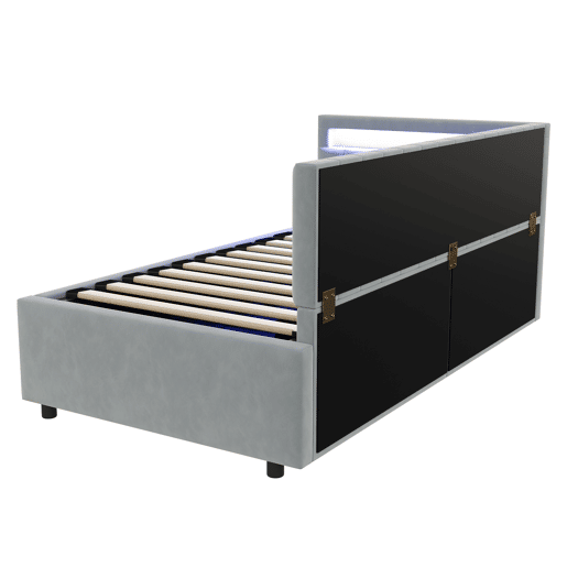 Sofá-cama 90x200 - Com LED e armazenamento hidráulico, design com riscas verticais, cabeceiras laterais ajustáveis, estrado, veludo - Cinza claro Sofá-cama 90x200 - Com LED e armazenamento hidráulico, design com riscas verticais, cabeceiras laterais ajustáveis, estrado, veludo - Cinza claro