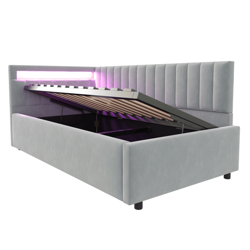 Sofá-cama 90x200 - Com LED e armazenamento hidráulico, design com riscas verticais, cabeceiras laterais ajustáveis, estrado, veludo - Cinza claro Sofá-cama 90x200 - Com LED e armazenamento hidráulico, design com riscas verticais, cabeceiras laterais ajustáveis, estrado, veludo - Cinza claro