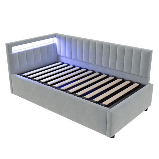 Sofá-cama 90x200 - Com LED e armazenamento hidráulico, design com riscas verticais, cabeceiras laterais ajustáveis, estrado, veludo - Cinza claro Sofá-cama 90x200 - Com LED e armazenamento hidráulico, design com riscas verticais, cabeceiras laterais ajustáveis, estrado, veludo - Cinza claro