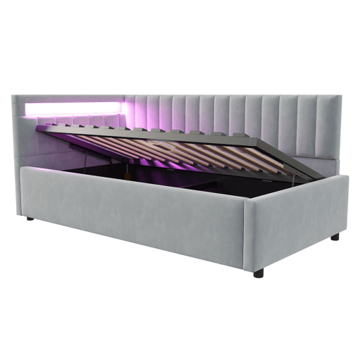 Sofá-cama 90x200 - Com LED e armazenamento hidráulico, design com riscas verticais, cabeceiras laterais ajustáveis, estrado, veludo - Cinza claro Sofá-cama 90x200 - Com LED e armazenamento hidráulico, design com riscas verticais, cabeceiras laterais ajustáveis, estrado, veludo - Cinza claro