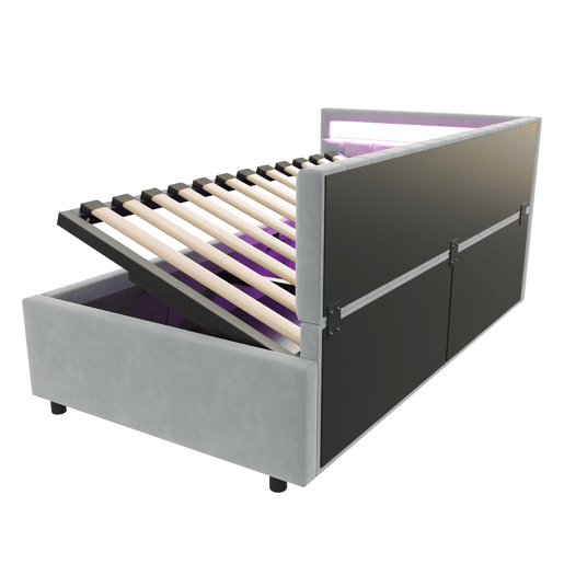 Sofá-cama 90x200 - Com LED e armazenamento hidráulico, design com riscas verticais, cabeceiras laterais ajustáveis, estrado, veludo - Cinza claro Sofá-cama 90x200 - Com LED e armazenamento hidráulico, design com riscas verticais, cabeceiras laterais ajustáveis, estrado, veludo - Cinza claro
