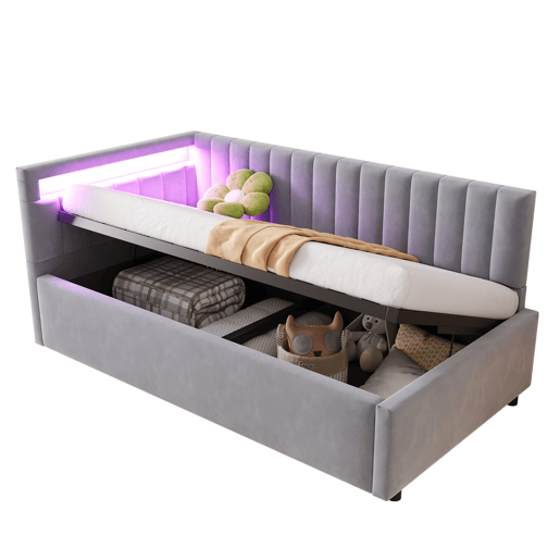 Sofá-cama 90x200 - Com LED e armazenamento hidráulico, design com riscas verticais, cabeceiras laterais ajustáveis, estrado, veludo - Cinza claro Sofá-cama 90x200 - Com LED e armazenamento hidráulico, design com riscas verticais, cabeceiras laterais ajustáveis, estrado, veludo - Cinza claro