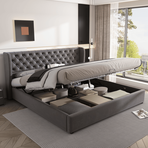 Cama de contentor estofada em veludo 160x200 cm com estrado de ripas - Cinzento Cama de contentor estofada em veludo 160x200 cm com estrado de ripas - Cinzento