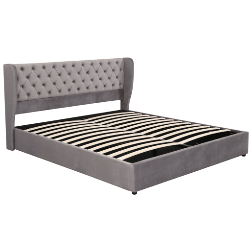 Cama de contentor estofada em veludo 160x200 cm com estrado de ripas - Cinzento Cama de contentor estofada em veludo 160x200 cm com estrado de ripas - Cinzento
