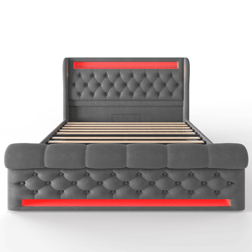 Cama estofada 140x200cm - Com LED, cabeceira com arrumação, portas USB e Tipo-C, cama hidráulica - Cinza