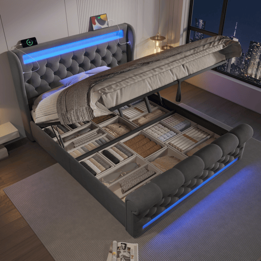 Cama estofada 140x200cm - Com LED, cabeceira com arrumação, portas USB e Tipo-C, cama hidráulica - Cinza