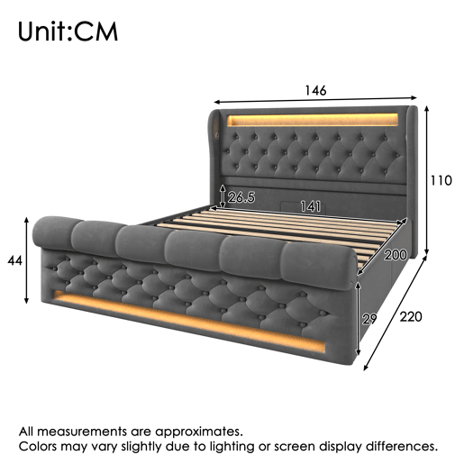 Cama estofada 140x200cm - Com LED, cabeceira com arrumação, portas USB e Tipo-C, cama hidráulica - Cinza
