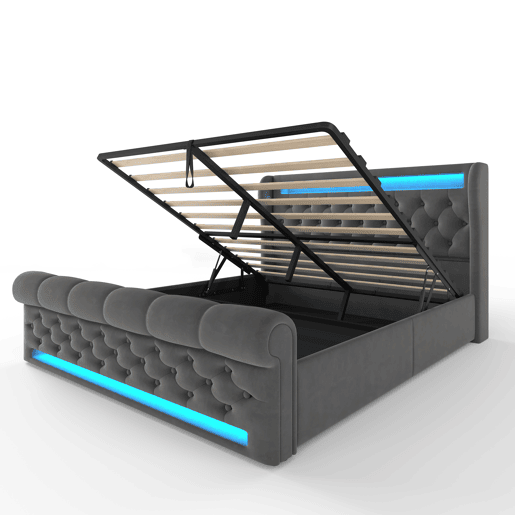 Cama estofada 140x200cm - Com LED, cabeceira com arrumação, portas USB e Tipo-C, cama hidráulica - Cinza