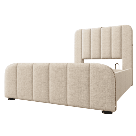 Cama individual 90x200 - Cabeceira acolchoada com tiras douradas e carregador USB Tipo-C, armazenamento hidráulico - Bege