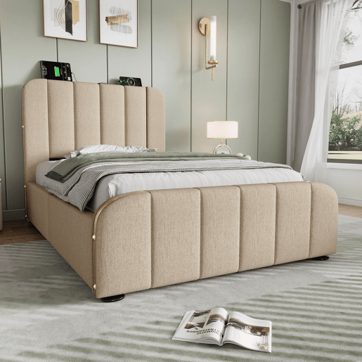 Cama individual 90x200 - Cabeceira acolchoada com tiras douradas e carregador USB Tipo-C, armazenamento hidráulico - Bege