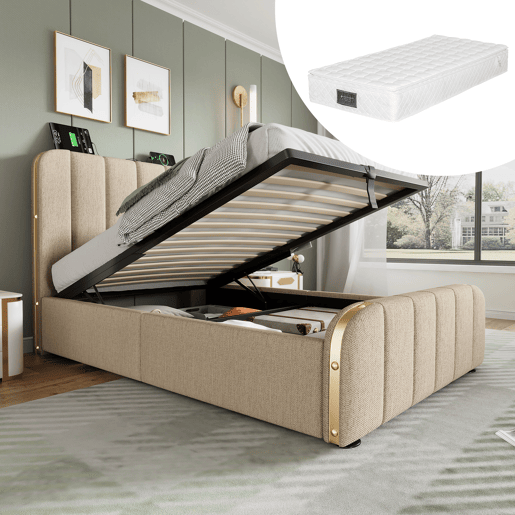 Cama individual 90x200 - Cabeceira acolchoada com tiras douradas e carregador USB Tipo-C, armazenamento hidráulico - Bege