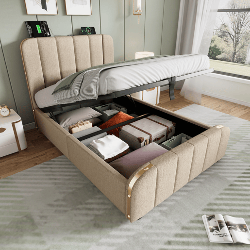 Cama individual 90x200 - Cabeceira acolchoada com tiras douradas e carregador USB Tipo-C, armazenamento hidráulico - Bege