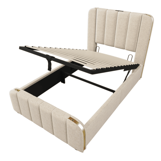 Cama individual 90x200 - Cabeceira acolchoada com tiras douradas e carregador USB Tipo-C, armazenamento hidráulico - Bege