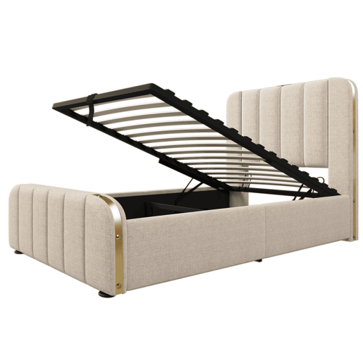 Cama individual 90x200 - Cabeceira acolchoada com tiras douradas e carregador USB Tipo-C, armazenamento hidráulico - Bege