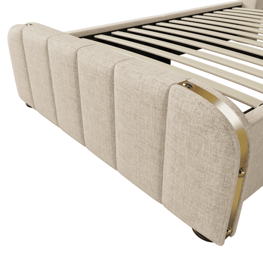 Cama individual 90x200 - Cabeceira acolchoada com tiras douradas e carregador USB Tipo-C, armazenamento hidráulico - Bege