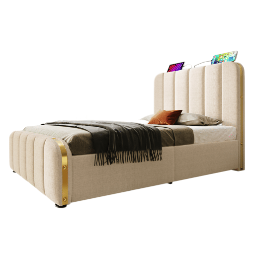 Cama individual 90x200 - Cabeceira acolchoada com tiras douradas e carregador USB Tipo-C, armazenamento hidráulico - Bege