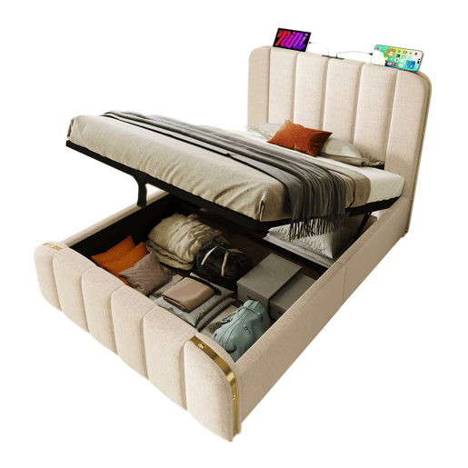 Cama individual 90x200 - Cabeceira acolchoada com tiras douradas e carregador USB Tipo-C, armazenamento hidráulico - Bege