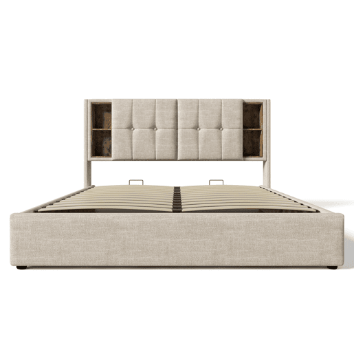 Cama de casal 140x200cm - Carregamento sem fios USB C, estrutura em madeira com arrumação, cabeceira ajustável - Natural Cama de casal 140x200cm - Carregamento sem fios USB C, estrutura em madeira com arrumação, cabeceira ajustável - Natural