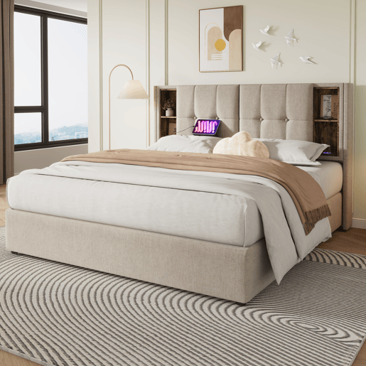 Cama de casal 140x200cm - Carregamento sem fios USB C, estrutura em madeira com arrumação, cabeceira ajustável - Natural Cama de casal 140x200cm - Carregamento sem fios USB C, estrutura em madeira com arrumação, cabeceira ajustável - Natural