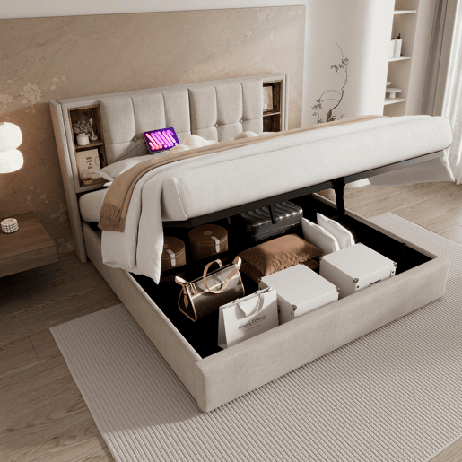 Cama de casal 140x200cm - Carregamento sem fios USB C, estrutura em madeira com arrumação, cabeceira ajustável - Natural Cama de casal 140x200cm - Carregamento sem fios USB C, estrutura em madeira com arrumação, cabeceira ajustável - Natural