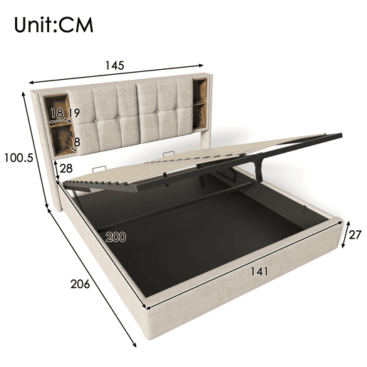 Cama de casal 140x200cm - Carregamento sem fios USB C, estrutura em madeira com arrumação, cabeceira ajustável - Natural Cama de casal 140x200cm - Carregamento sem fios USB C, estrutura em madeira com arrumação, cabeceira ajustável - Natural