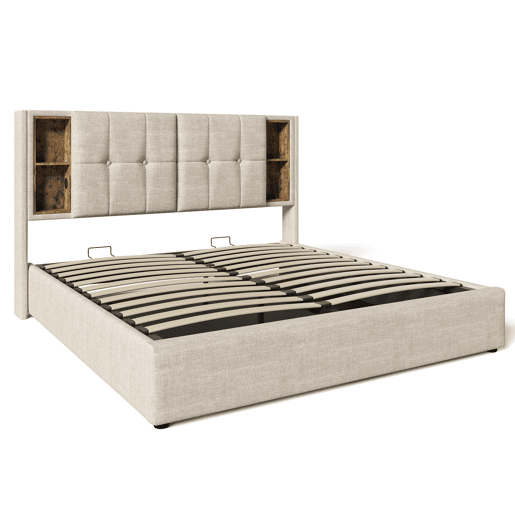 Cama de casal 140x200cm - Carregamento sem fios USB C, estrutura em madeira com arrumação, cabeceira ajustável - Natural Cama de casal 140x200cm - Carregamento sem fios USB C, estrutura em madeira com arrumação, cabeceira ajustável - Natural