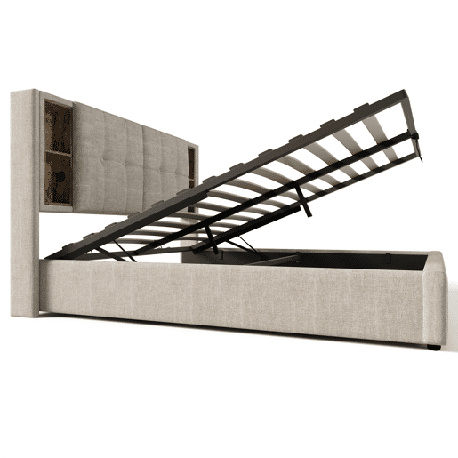 Cama de casal 140x200cm - Carregamento sem fios USB C, estrutura em madeira com arrumação, cabeceira ajustável - Natural Cama de casal 140x200cm - Carregamento sem fios USB C, estrutura em madeira com arrumação, cabeceira ajustável - Natural
