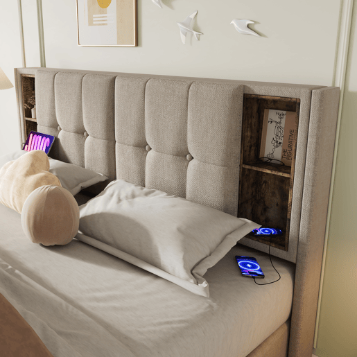 Cama de casal 140x200cm - Carregamento sem fios USB C, estrutura em madeira com arrumação, cabeceira ajustável - Natural Cama de casal 140x200cm - Carregamento sem fios USB C, estrutura em madeira com arrumação, cabeceira ajustável - Natural
