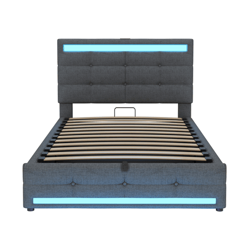 Cama estofada 90*200 - Cama infantil com armazenamento hidráulico, USB e faixa LED RGB - Cinza
