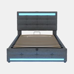Cama estofada 90*200 - Cama infantil com armazenamento hidráulico, USB e faixa LED RGB - Cinza