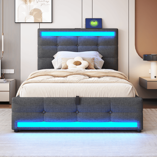 Cama estofada 90*200 - Cama infantil com armazenamento hidráulico, USB e faixa LED RGB - Cinza