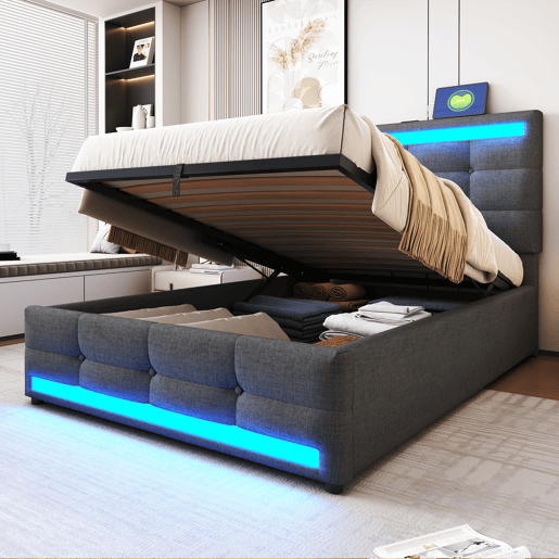 Cama estofada 90*200 - Cama infantil com armazenamento hidráulico, USB e faixa LED RGB - Cinza