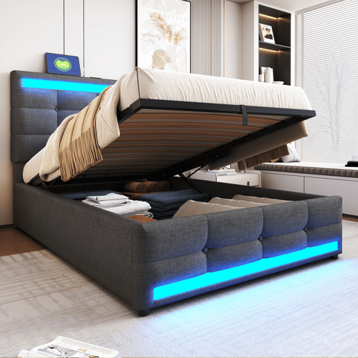 Cama estofada 90*200 - Cama infantil com armazenamento hidráulico, USB e faixa LED RGB - Cinza