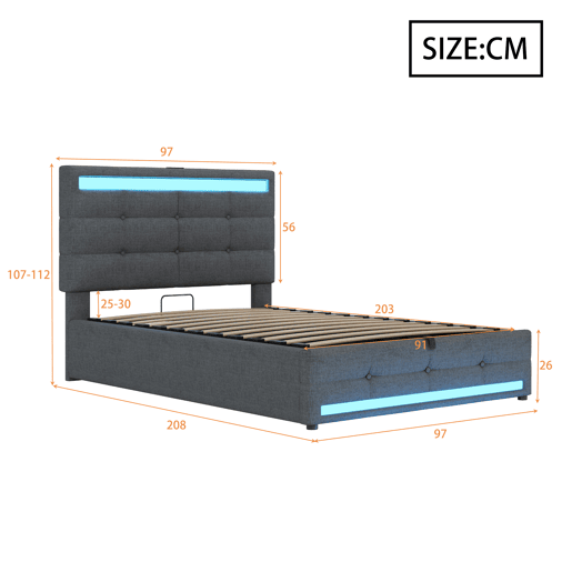 Cama estofada 90*200 - Cama infantil com armazenamento hidráulico, USB e faixa LED RGB - Cinza