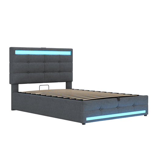Cama estofada 90*200 - Cama infantil com armazenamento hidráulico, USB e faixa LED RGB - Cinza