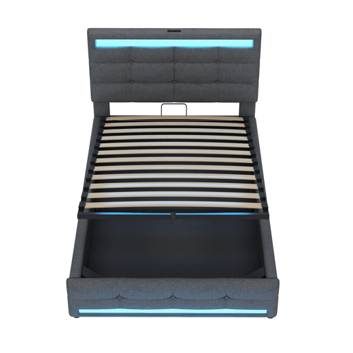 Cama estofada 90*200 - Cama infantil com armazenamento hidráulico, USB e faixa LED RGB - Cinza