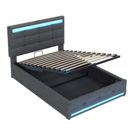 Cama estofada 90*200 - Cama infantil com armazenamento hidráulico, USB e faixa LED RGB - Cinza