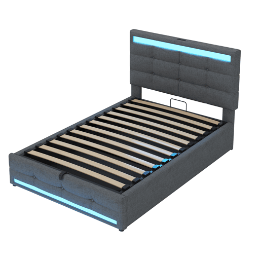 Cama estofada 90*200 - Cama infantil com armazenamento hidráulico, USB e faixa LED RGB - Cinza