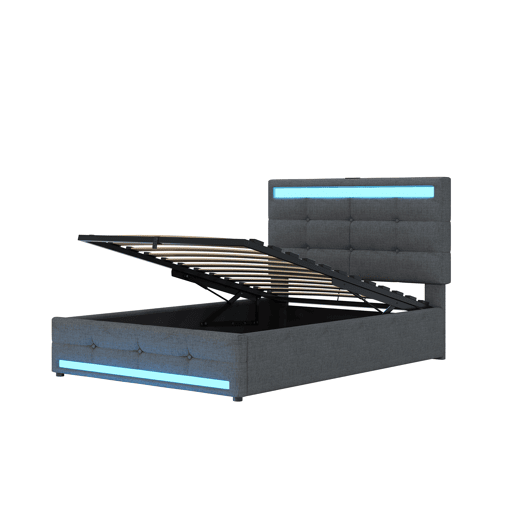 Cama estofada 90*200 - Cama infantil com armazenamento hidráulico, USB e faixa LED RGB - Cinza