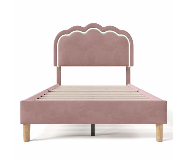 Cama 90x190 tapizada en terciopelo - con led y somier - rosa