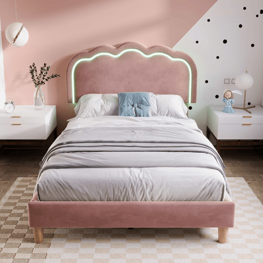 Cama estofada em veludo 90x190 - com LED e estrado - Rosa Cama estofada em veludo 90x190 - com LED e estrado - Rosa