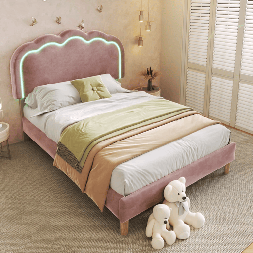 Cama estofada em veludo 90x190 - com LED e estrado - Rosa Cama estofada em veludo 90x190 - com LED e estrado - Rosa