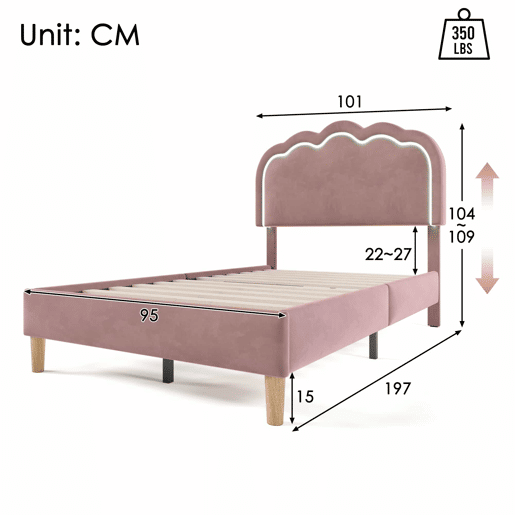 Cama estofada em veludo 90x190 - com LED e estrado - Rosa Cama estofada em veludo 90x190 - com LED e estrado - Rosa