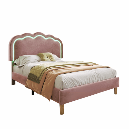 Cama estofada em veludo 90x190 - com LED e estrado - Rosa Cama estofada em veludo 90x190 - com LED e estrado - Rosa
