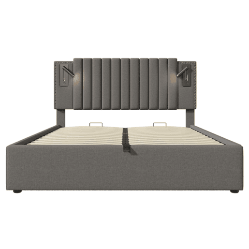 Cama estofada 140x200 cm - Cama com arrumação, luz de leitura com função de carregamento USB, encosto com design de rebites, com estrado e colchão - Cinza Cama estofada 140x200 cm - Cama com arrumação, luz de leitura com função de carregamento USB, encosto com design de rebites, com estrado e colchão - Cinza