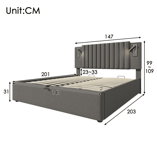 Cama estofada 140x200 cm - Cama com arrumação, luz de leitura com função de carregamento USB, encosto com design de rebites, com estrado e colchão - Cinza Cama estofada 140x200 cm - Cama com arrumação, luz de leitura com função de carregamento USB, encosto com design de rebites, com estrado e colchão - Cinza