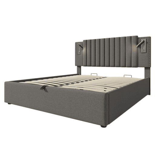 Cama estofada 140x200 cm - Cama com arrumação, luz de leitura com função de carregamento USB, encosto com design de rebites, com estrado e colchão - Cinza Cama estofada 140x200 cm - Cama com arrumação, luz de leitura com função de carregamento USB, encosto com design de rebites, com estrado e colchão - Cinza