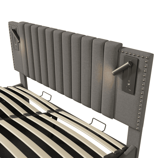 Cama estofada 140x200 cm - Cama com arrumação, luz de leitura com função de carregamento USB, encosto com design de rebites, com estrado e colchão - Cinza Cama estofada 140x200 cm - Cama com arrumação, luz de leitura com função de carregamento USB, encosto com design de rebites, com estrado e colchão - Cinza