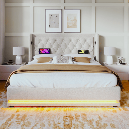 Cama contentora acolchoada 160 x 200 cm em tecido de algodão - com função de carga e LED ao pé da cama - Bege